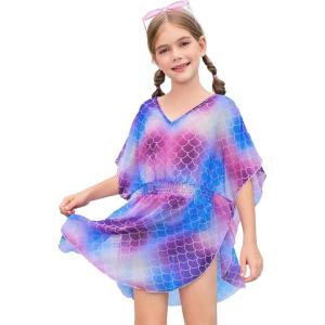 Haloumoning Girls Chiffon Swim Beach Cover Up Kids Cute Elastic Waist Printed Bathing Suit Coverups 5-14 Years(Blue Purple)