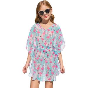Haloumoning Girls Chiffon Swim Beach Cover Up Kids Cute Elastic Waist Printed Bathing Suit Coverups 5-14 Years(Mint Green)
