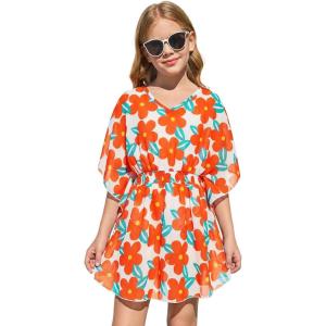 Haloumoning Girls Chiffon Swim Beach Cover Up Kids Cute Elastic Waist Printed Bathing Suit Coverups 5-14 Years(Orange)