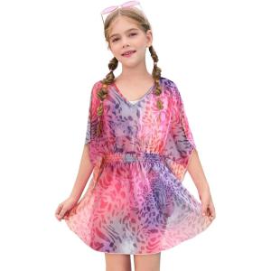 Haloumoning Girls Chiffon Swim Beach Cover Up Kids Cute Elastic Waist Printed Bathing Suit Coverups 5-14 Years(Purple)