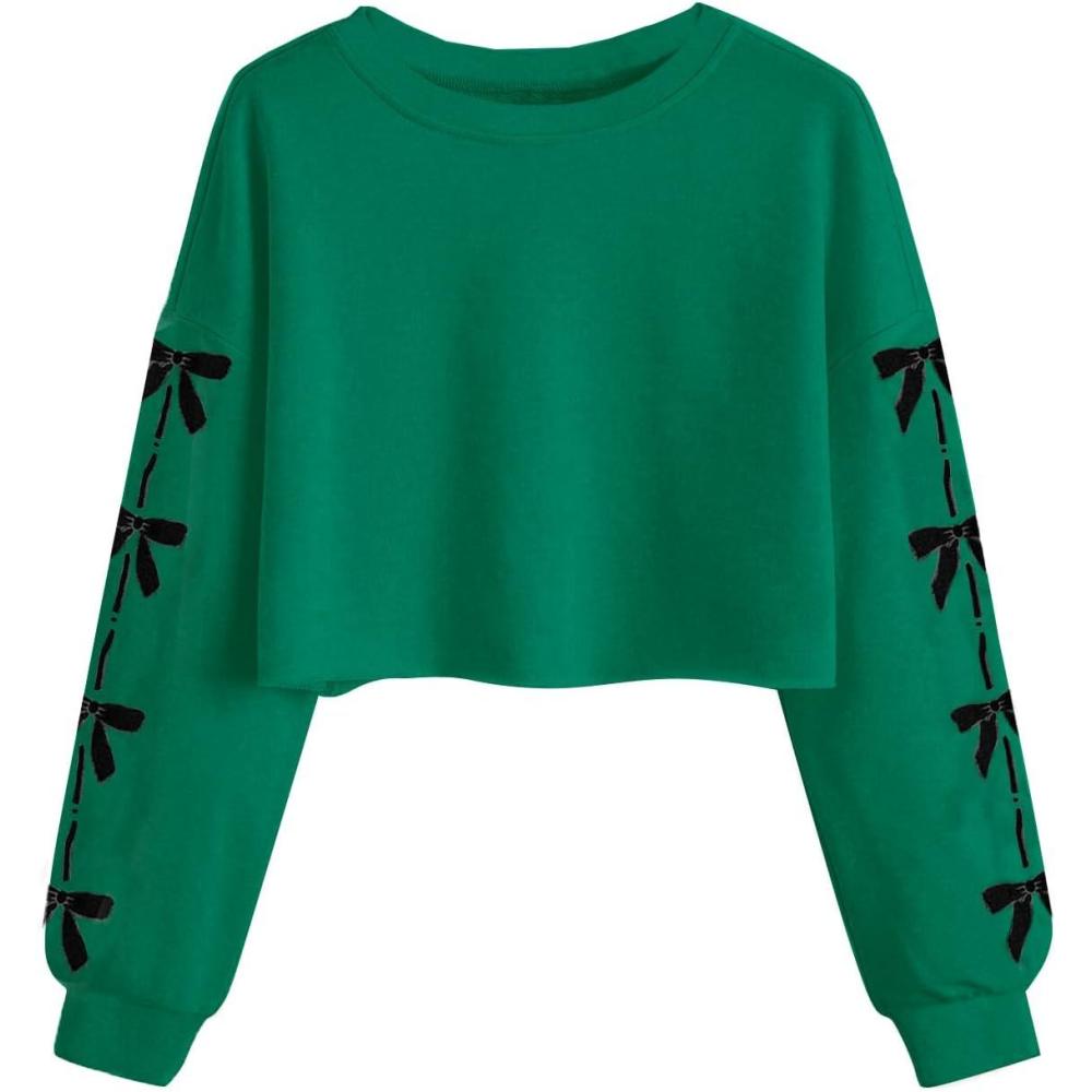 image:imageHaloumoning Girls Cute Daisy Pinted Cropped Sweatshirt Kids Long Sleeve Crop Tops Fall Fashion ShirtsZ2 Green