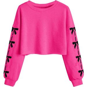 Haloumoning Girls Cute Daisy Pinted Cropped Sweatshirt Kids Long Sleeve Crop Tops Fall Fashion Shirts(Z2- Hot Pink)