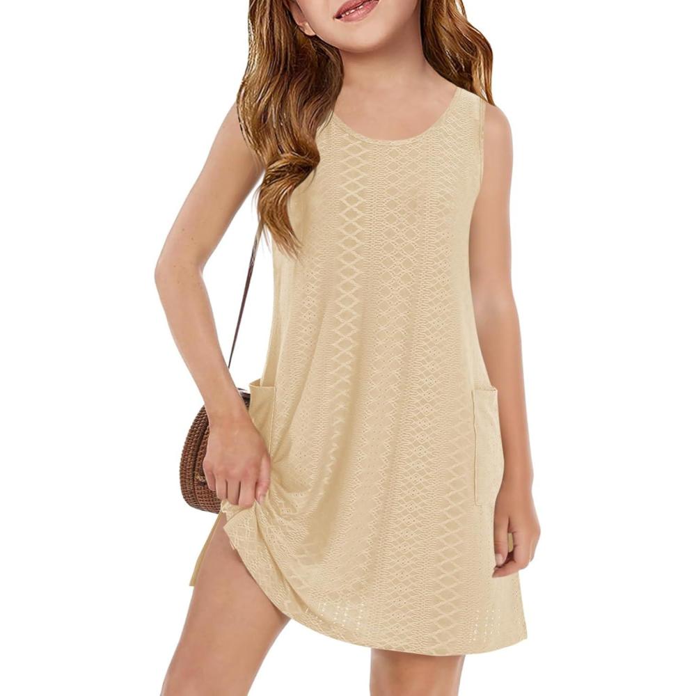 image:imageHaloumoning Girls Eyelet Swimsuit Cover Up Kids Casual Sleeveless Summer Beach Dress Coverups with Pockets 514 YearsKhaki