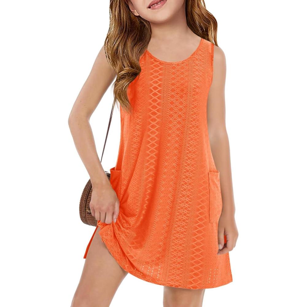 image:imageHaloumoning Girls Eyelet Swimsuit Cover Up Kids Casual Sleeveless Summer Beach Dress Coverups with Pockets 514 YearsOrange