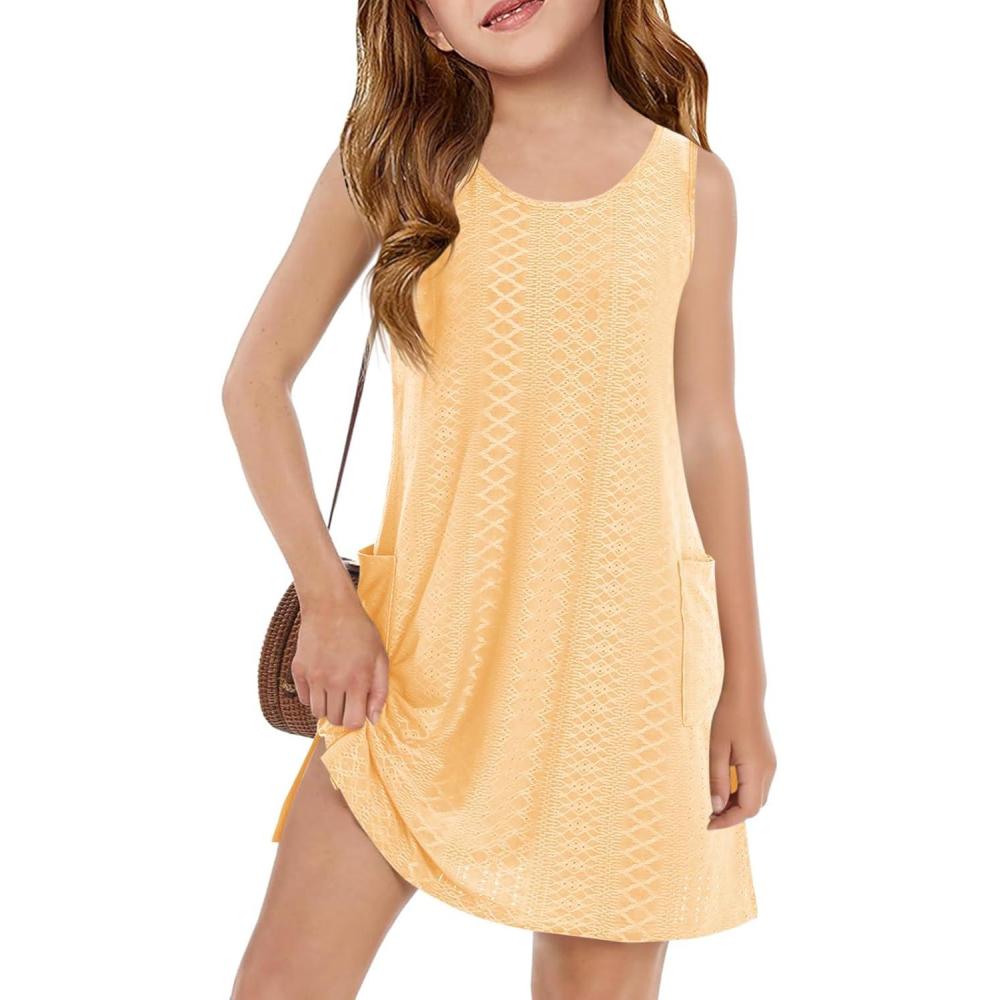 image:imageHaloumoning Girls Eyelet Swimsuit Cover Up Kids Casual Sleeveless Summer Beach Dress Coverups with Pockets 514 YearsYellow