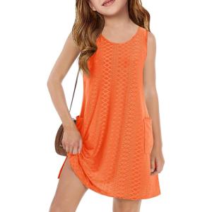 Haloumoning Girls Eyelet Swimsuit Cover Up Kids Casual Sleeveless Summer Beach Dress Coverups with Pockets 5-14 Years(Orange)