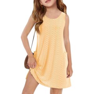 Haloumoning Girls Eyelet Swimsuit Cover Up Kids Casual Sleeveless Summer Beach Dress Coverups with Pockets 5-14 Years(Yellow)