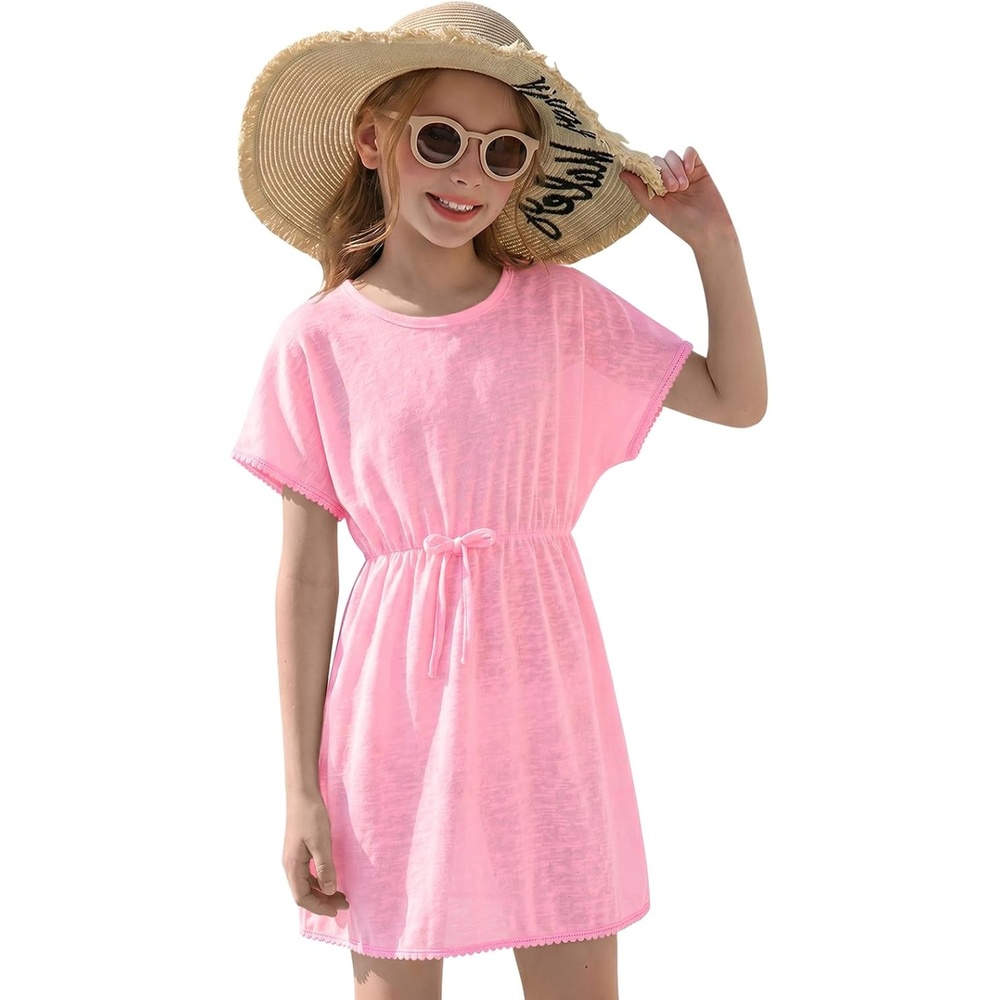 image:imageHaloumoning Girls Swim Cover Up Kids Summer Printed Short Sleeve Swimsuit Coverup Beach Bathing Suit Swimwear 514YZ1 Pink