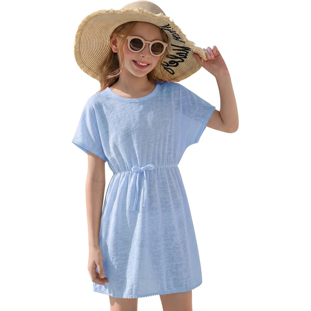 image:imageHaloumoning Girls Swim Cover Up Kids Summer Printed Short Sleeve Swimsuit Coverup Beach Bathing Suit Swimwear 514YZ1 Sky Blue
