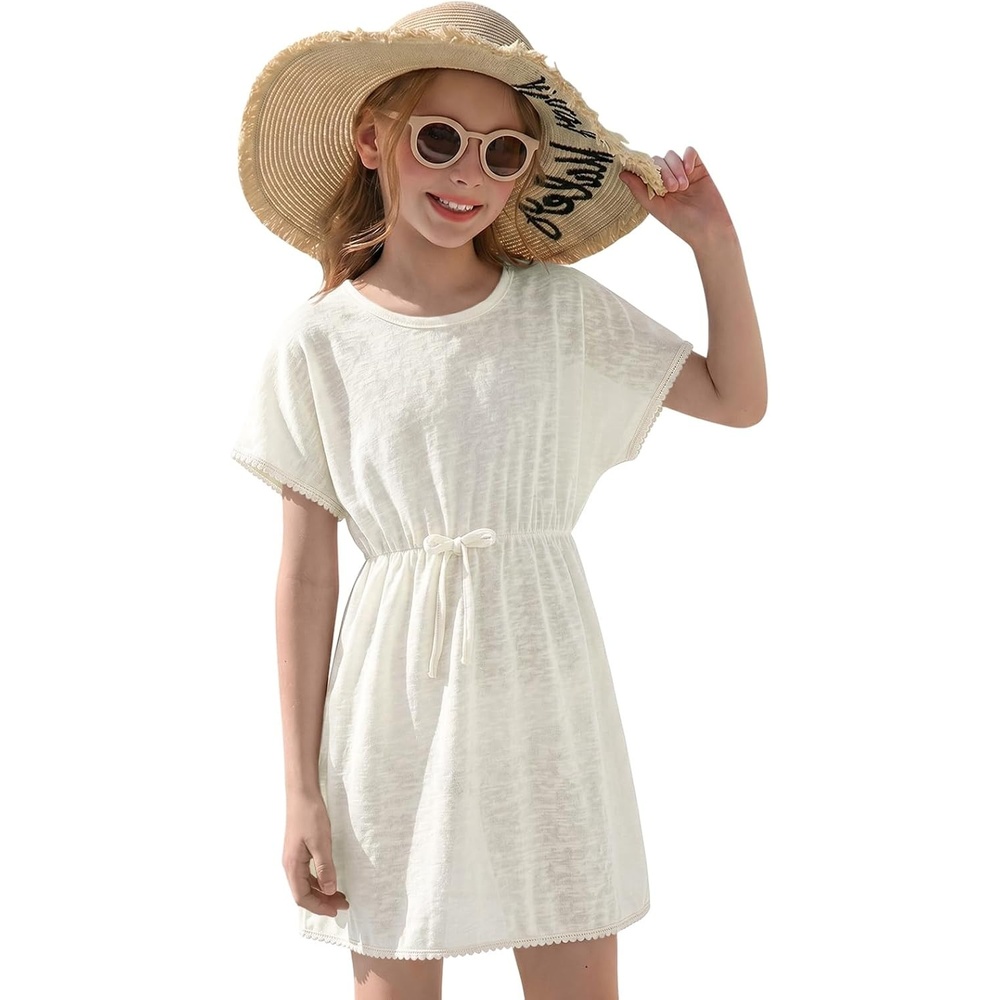 image:imageHaloumoning Girls Swim Cover Up Kids Summer Printed Short Sleeve Swimsuit Coverup Beach Bathing Suit Swimwear 514YZ1 White