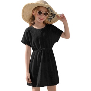 Haloumoning Girls Swim Cover Up Kids Summer Printed Short Sleeve Swimsuit Coverup Beach Bathing Suit Swimwear 5-14Y(Z1- Black)