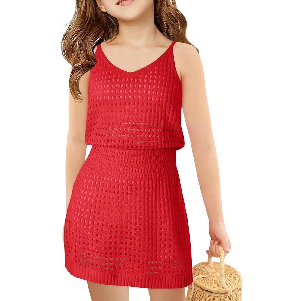 image:imageHaloumoning Girls Sleeveless Crochet Swimsuit Cover Up Kids Summer Hollow Out Knitted Beach Dress 714 YearsRed