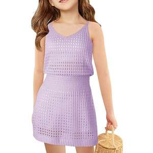 Haloumoning Girls Sleeveless Crochet Swimsuit Cover Up Kids Summer Hollow Out Knitted Beach Dress 7-14 Years(Light Purple)