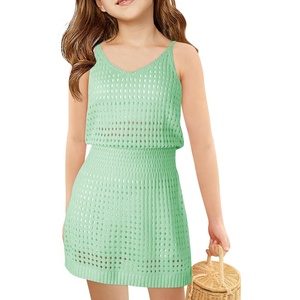 Haloumoning Girls Sleeveless Crochet Swimsuit Cover Up Kids Summer Hollow Out Knitted Beach Dress 7-14 Years(Mint Green)
