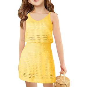 Haloumoning Girls Sleeveless Crochet Swimsuit Cover Up Kids Summer Hollow Out Knitted Beach Dress 7-14 Years(Yellow)
